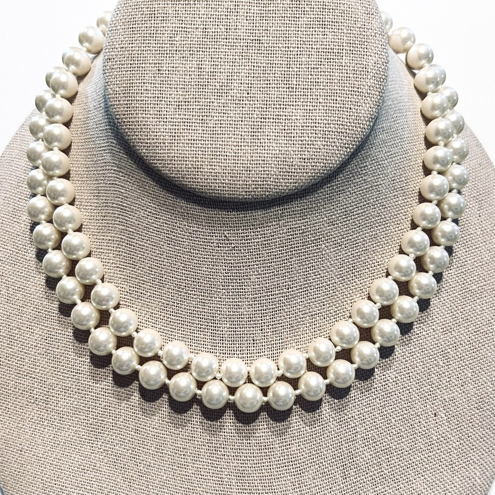 Necklace, Two Strand Simulated Pearl Creamy White Gold-tone Vintage
